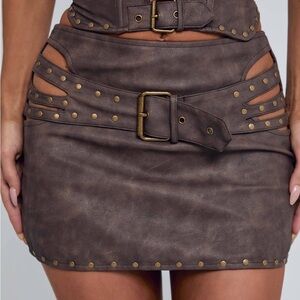 Edgy Brown Belted Mini Skirt